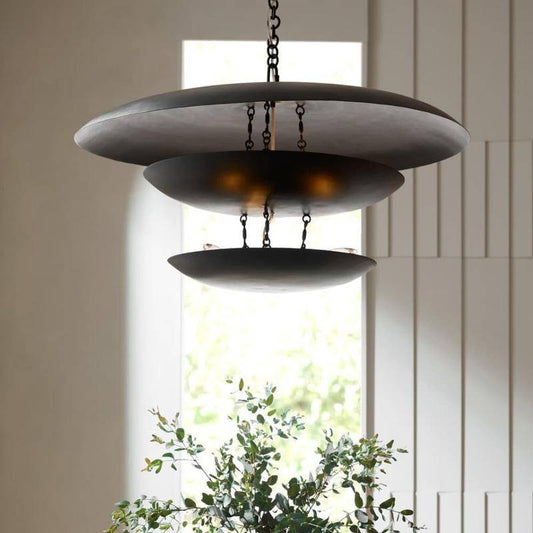 Blackened Iron Eight-Light Disc Chandelier